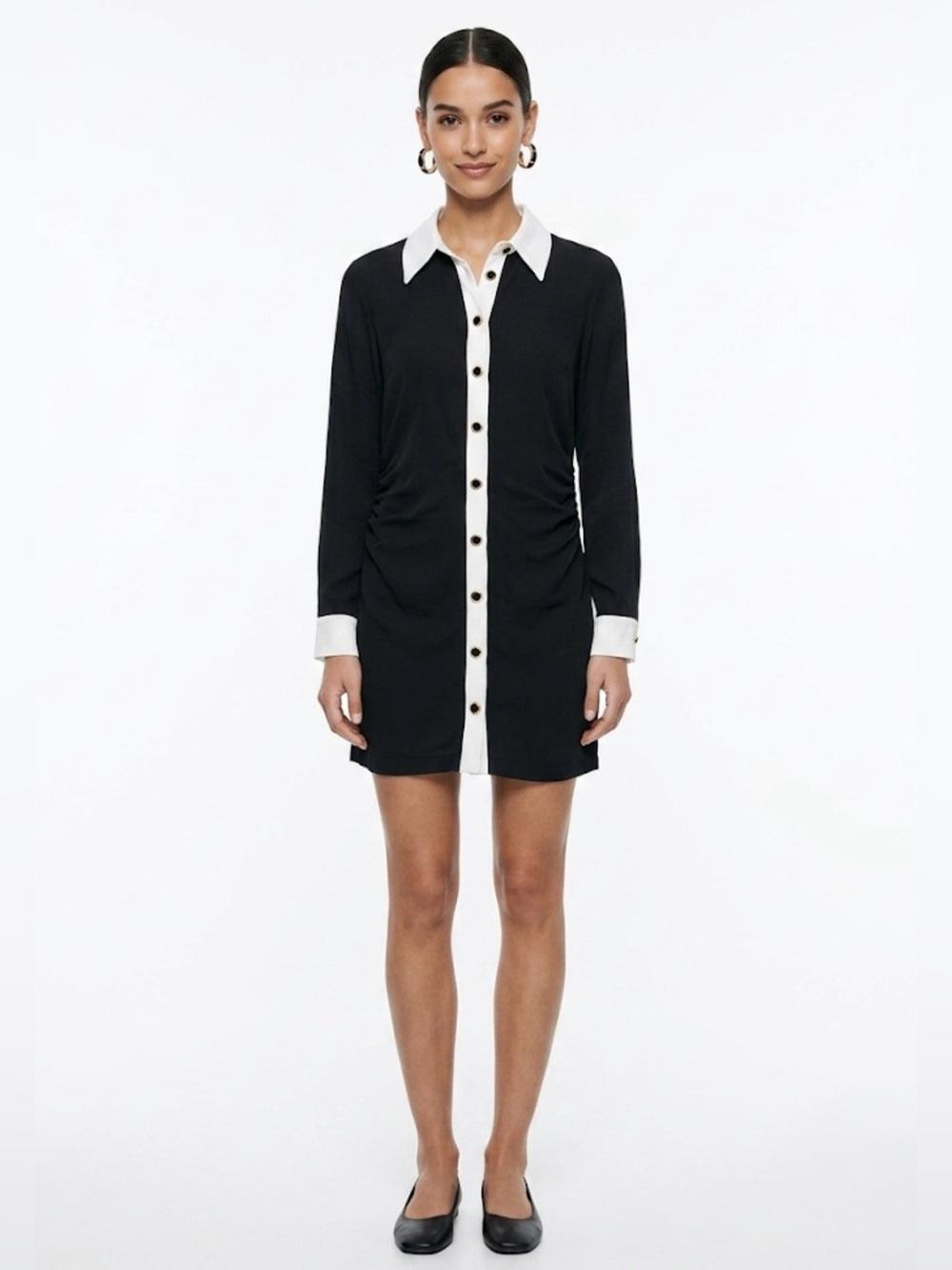 ZARA Black Contrast Ruched Mini Shirt Dress Gold Ring Buttons Size XL
